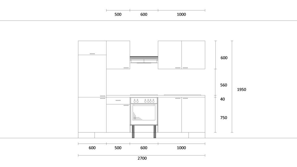 Küchenzeile "EXK280-19-1" mit Spüle rechts: Wandansicht & Maße in mm