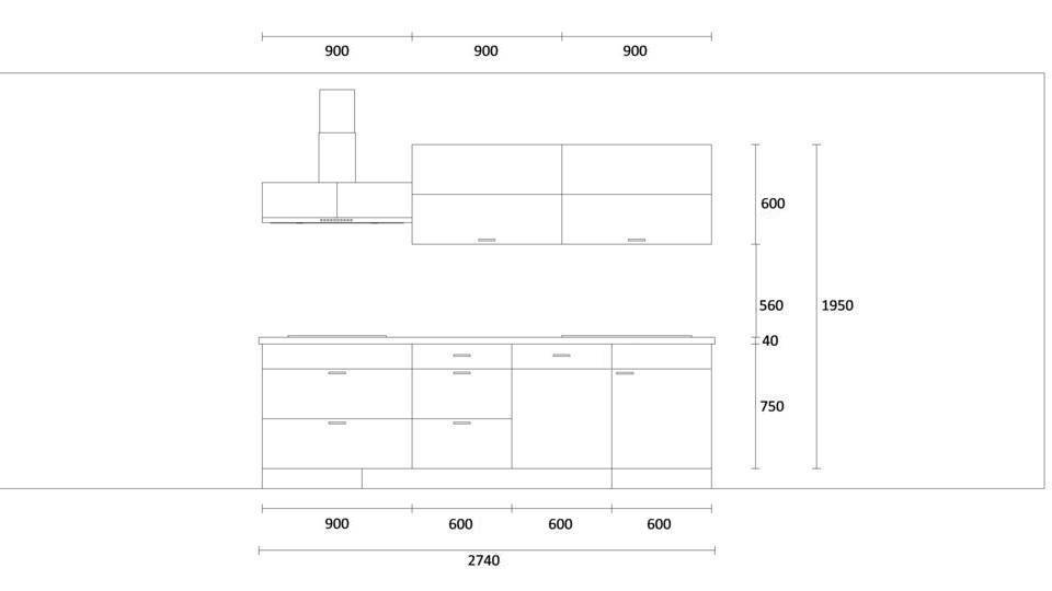 Zweizeilige Küche "EXK30-4-1" mit Spüle rechts: Wandansicht & Maße in mm / Bild 2
