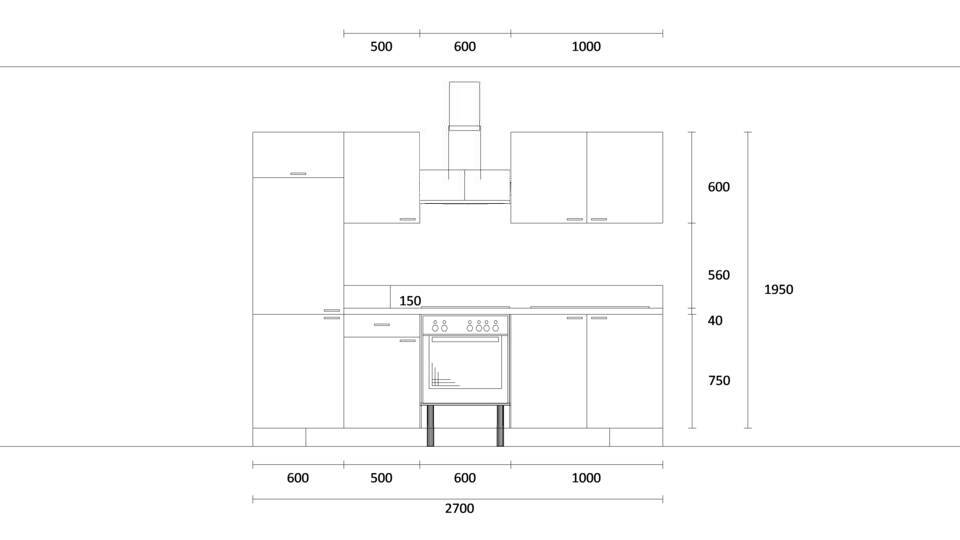Küchenzeile "EXK300-1-0" mit Spüle rechts: Wandansicht & Maße in mm