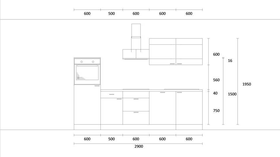 Küchenzeile "EXK360-1-1" mit Spüle rechts: Wandansicht & Maße in mm