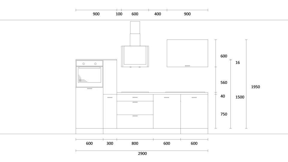 Küchenzeile "EXK380-2-1" mit Spüle rechts: Wandansicht & Maße in mm