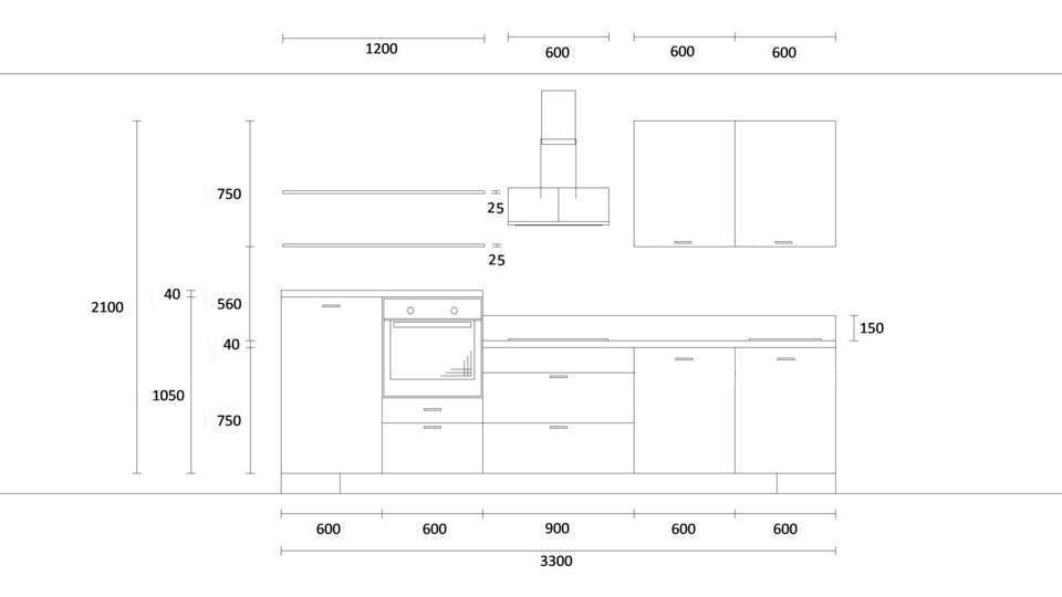 Küchenzeile "EXK490-3-0" mit Spüle rechts: Wandansicht & Maße in mm
