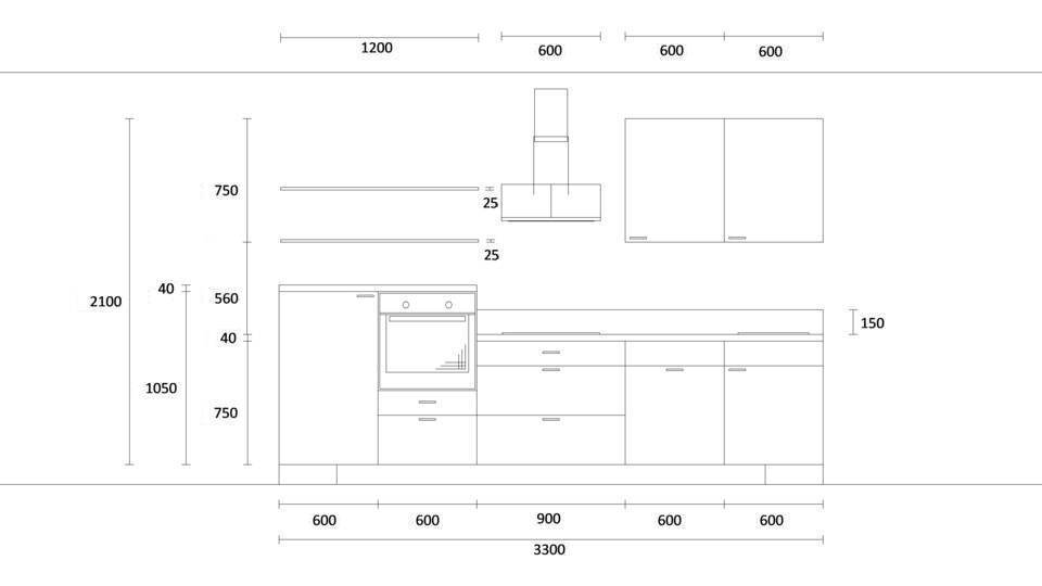 Küchenzeile "EXK500-2-0" mit Spüle rechts: Wandansicht & Maße in mm