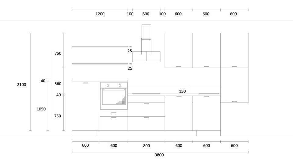 Küchenzeile "EXK530-2-0" mit Spüle rechts: Wandansicht & Maße in mm