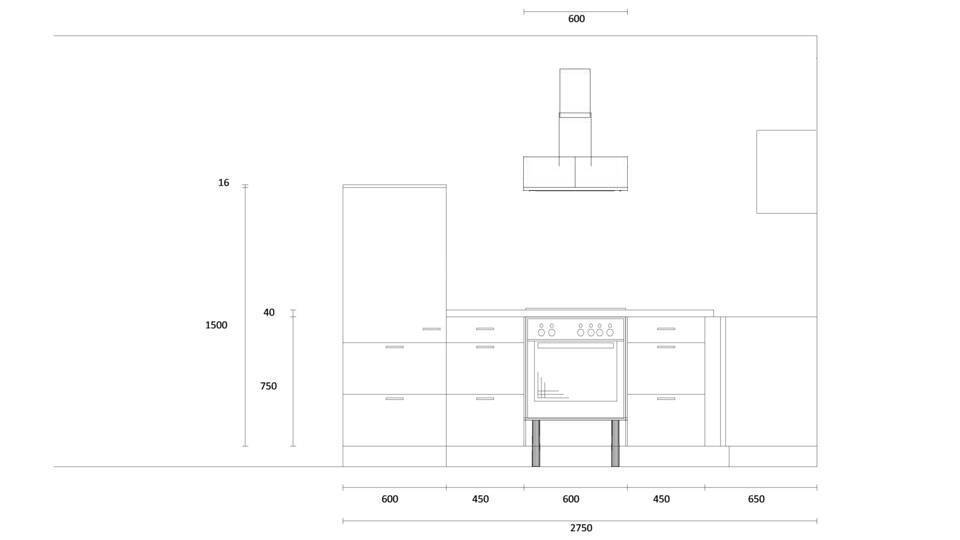 L-Küche "EXK570-1-0" mit Spüle rechts: Wandansicht & Maße in mm
