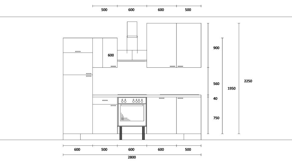Küchenzeile "EXK660-7-0" mit Spüle rechts: Wandansicht & Maße in mm