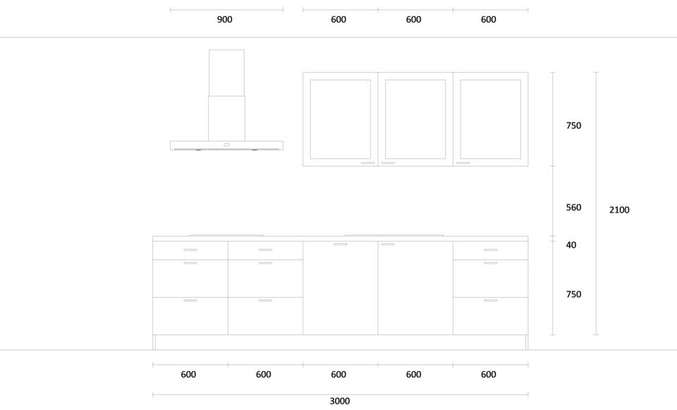 Zweizeilige Küche "EXK680-1-0" mit Spüle rechts: Wandansicht & Maße in mm / Bild 1