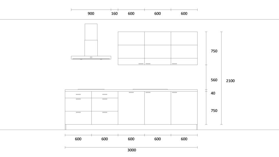 Zweizeilige Küche "EXK70-1-1" mit Spüle rechts: Wandansicht & Maße in mm / Bild 1