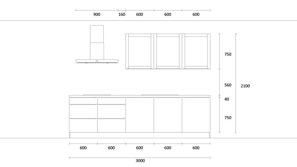Zweizeilige Küche "EXK90-1-0" mit Spüle rechts: Wandansicht & Maße in mm / Bild 1